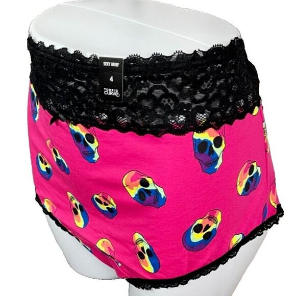 Torrid + 4 Fuchsia Neon Skull Print Scallop Black Lace Waistband Brief Panties - Picture 5 of 6